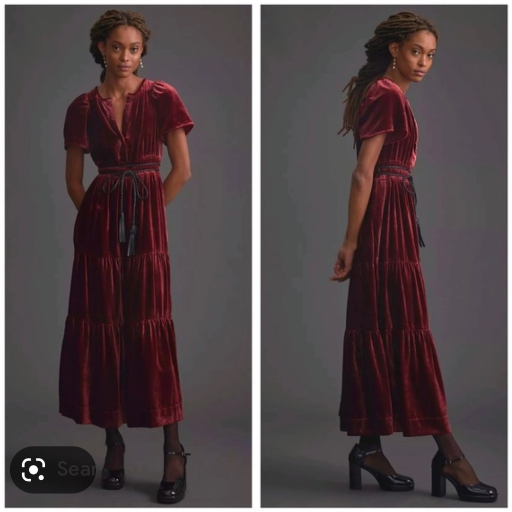 SOLD Anthropologie Velvet Dress Size L Deep Red